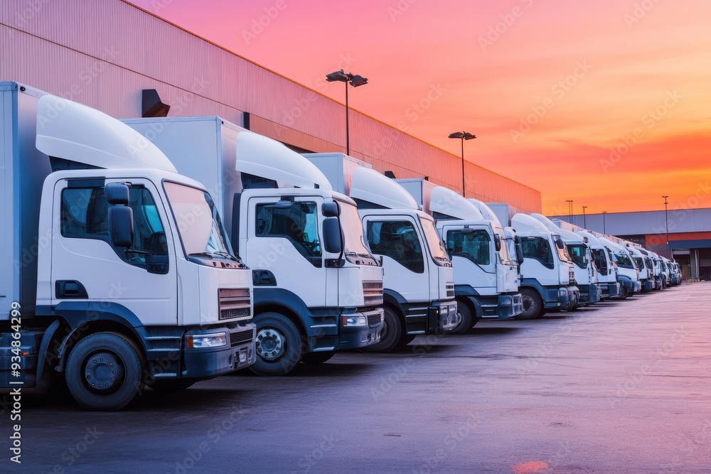 Detailed view of trucks aligned at a warehouse entrance, prepared for the delivery of factory products Detailed view of trucks aligned at a warehouse entrance, prepared for the delivery of factory products