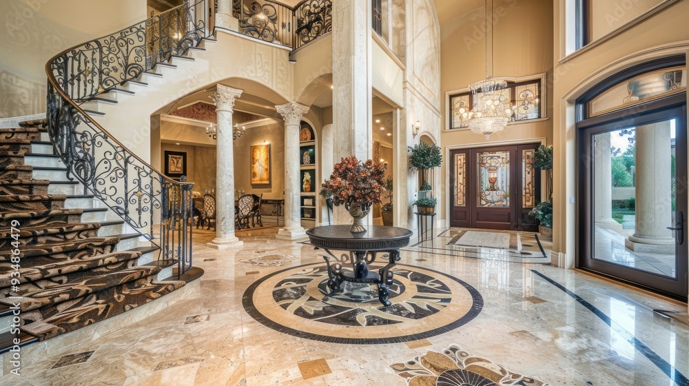 Obraz premium Luxurious Foyer with Marble Floors and Grand Staircase.