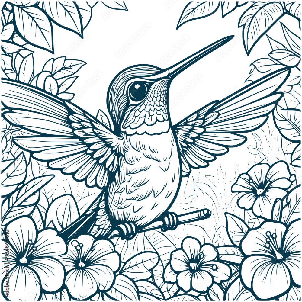 Obraz premium Aesthetic Baby Hummingbird Silhouette Graphic Forest Scenery Vector Illustration