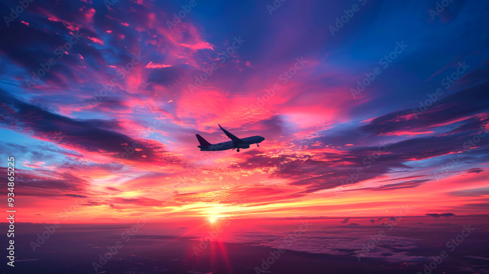 Airplane Flying Above a Dramatic Sunset with Pink and Blue Clouds Airplane Flying Above a Dramatic Sunset with Pink and Blue Clouds
