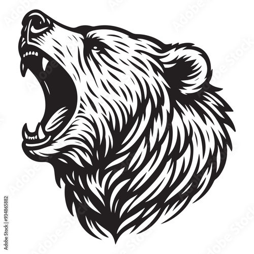 Line art of bear head roaring cartoon vector