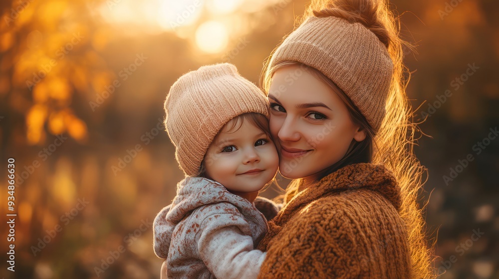 Fototapeta premium Mother and Daughter in Matching Hats Embracing in Autumnal Setting