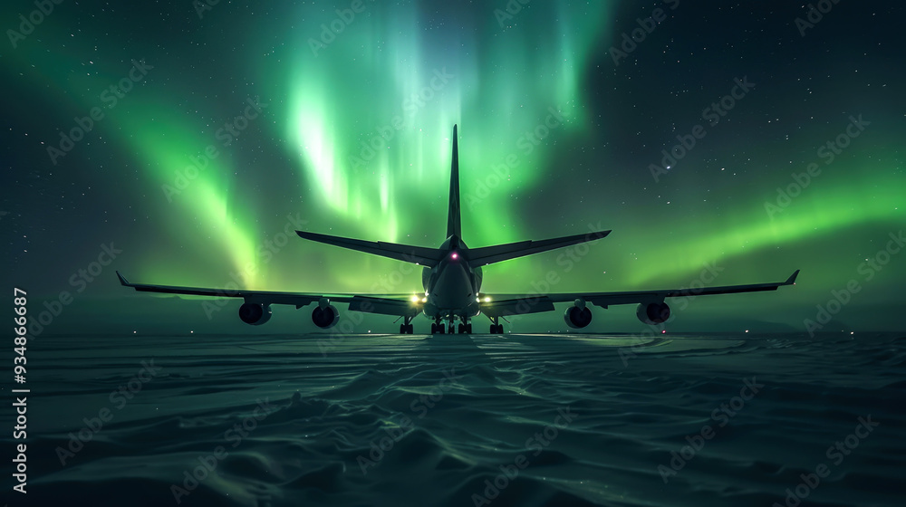 Naklejka premium Airplane Silhouetted Against Green Aurora Borealis