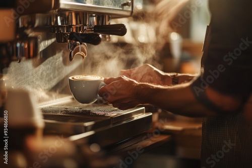 Focus on a barista hands as they expertly pour a latte art design. The steam from the coffee and the coffee shopâ€™s cozy interior should be visible in the background. making coffe using coffee machin photo