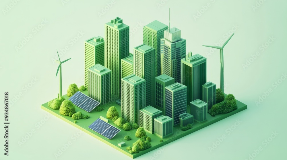 3D illustration of a city with green buildings. solar panel 3D illustration of a city with green buildings. solar panel