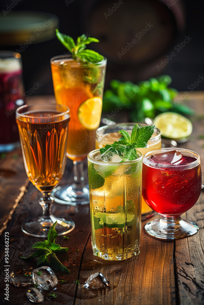 A variety of colorful alcoholic and non-alcoholic drinks arranged on a rustic wooden table, including cocktails, juices, and sodas, perfect for a party or social gathering. A variety of colorful alcoholic and non-alcoholic drinks arranged on a rustic wooden table, including cocktails, juices, and sodas, perfect for a party or social gathering.