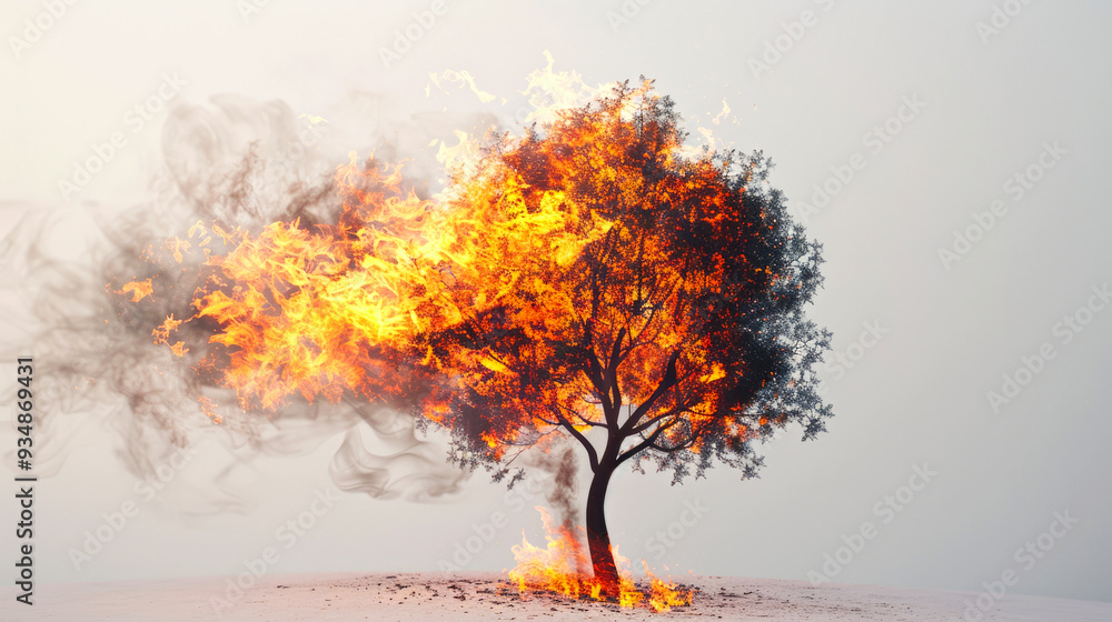A Tree Engulfed in Flames with Smoke Rising A Tree Engulfed in Flames with Smoke Rising