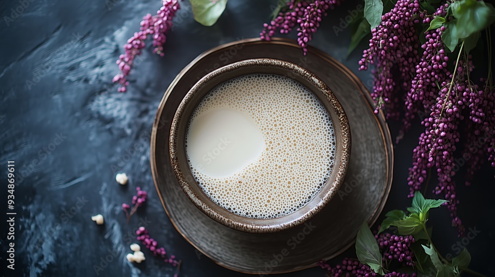 Creamy beverage served in a decorative bowl surrounded by purple flowers in a serene setting Creamy beverage served in a decorative bowl surrounded by purple flowers in a serene setting