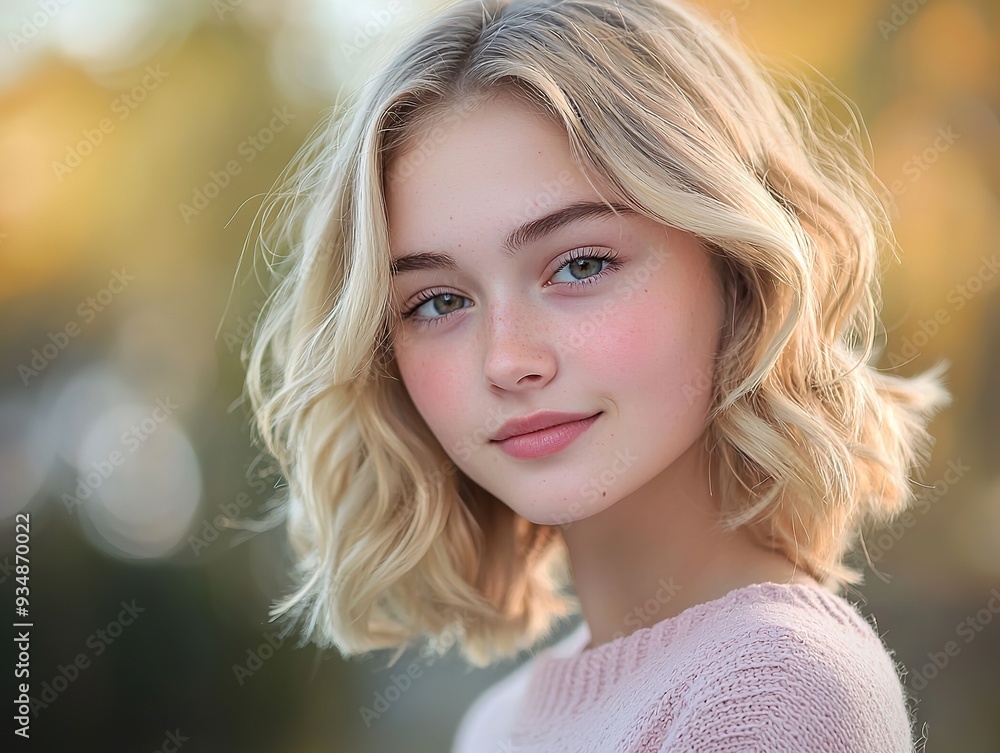 Obraz premium Serene Teen Elegance: A 15-Year-Old Blonde in Pastel Sweater, Soft Waves, and Gentle Smile, Exuding Warmth and Youthful Charm