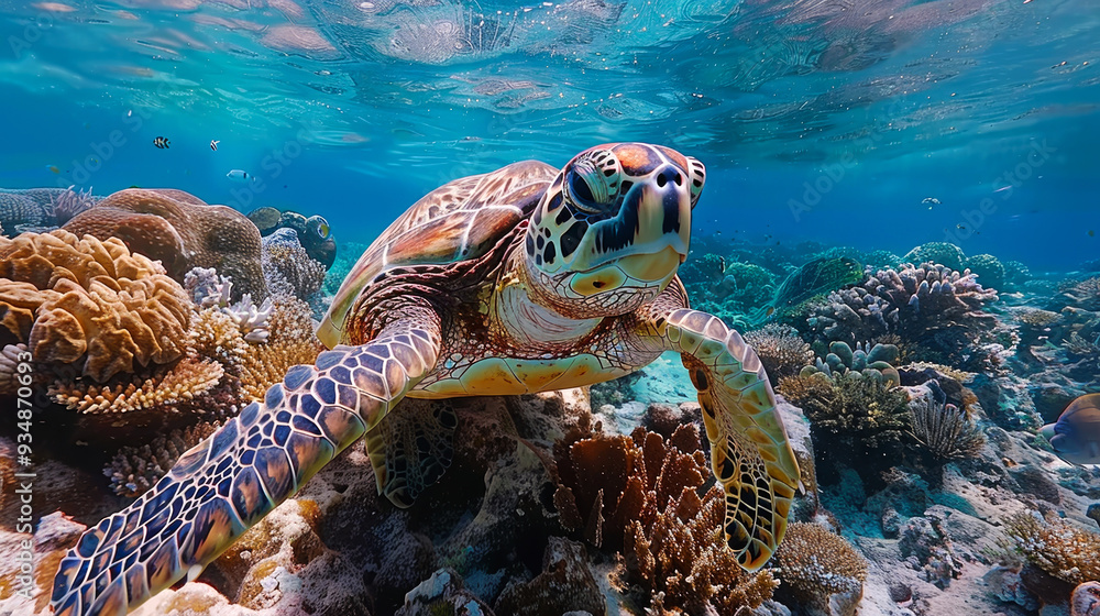 Green Sea Turtle Swimming Through Coral Reef Green Sea Turtle Swimming Through Coral Reef
