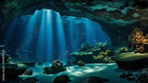 Underwater Caves. Dark caverns illuminated by light beams and marine life. Realistic underwater cave exploration. photo