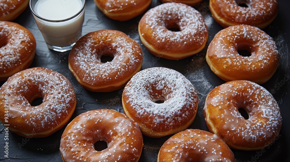 Sweet donuts with powdered sugar and a glass of milk photographed on a black background Sweet donuts with powdered sugar and a glass of milk photographed on a black background