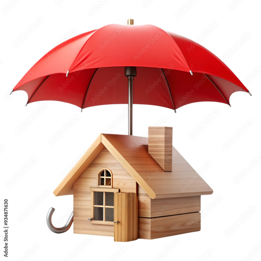 Wooden house icon under red umbrella insurance concept Wooden house icon under red umbrella insurance concept