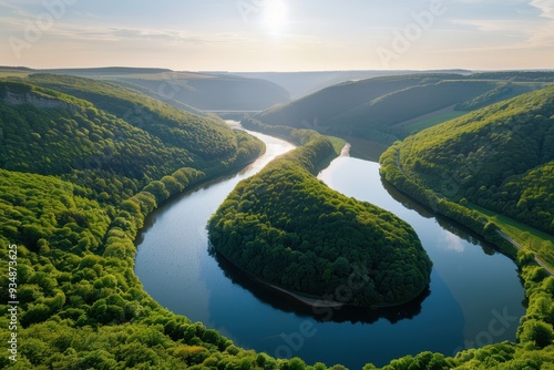 Saar Loop Vista, breathtaking view of the meandering Saar River, lush green hills, dramatic cliffs, serene landscape, a perfect spot for nature lovers and outdoor enthusiasts. photo