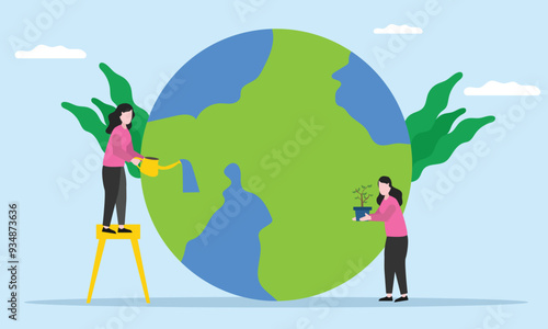 People saving  earth planet, making green and Protect nature and ecology. Earth day. Flat vector illustration.