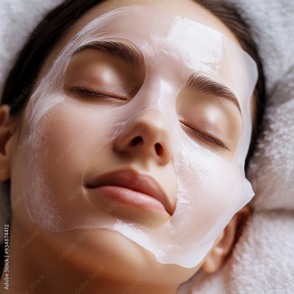 Young woman relaxing with a sheet face mask on, highlighting skincare and wellness. Close-up, serene background, emphasizing beauty and relaxation. Young woman relaxing with a sheet face mask on, highlighting skincare and wellness. Close-up, serene background, emphasizing beauty and relaxation.