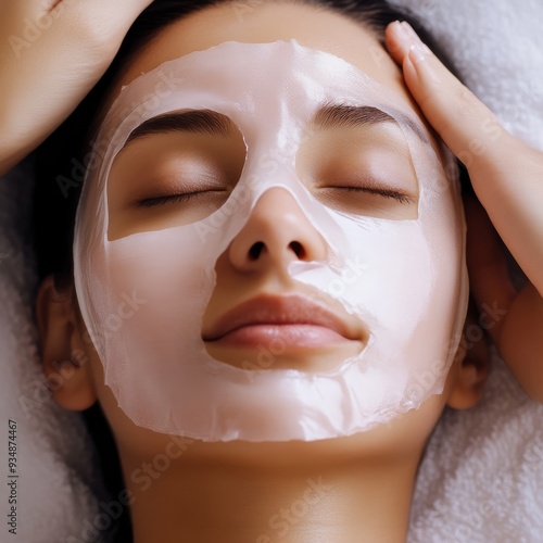 Close-up of a woman's face with a hydrating sheet mask, emphasizing skincare, beauty, and relaxation. She appears calm and rejuvenated.