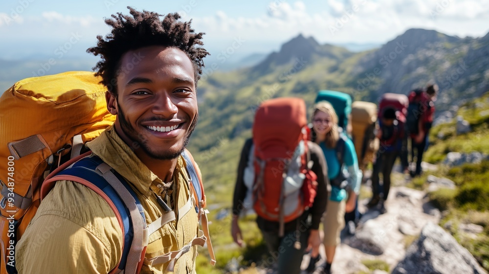 A joyful man and friends in colorful backpacks are ready for a scenic mountain hike under a blue sky. A joyful man and friends in colorful backpacks are ready for a scenic mountain hike under a blue sky.