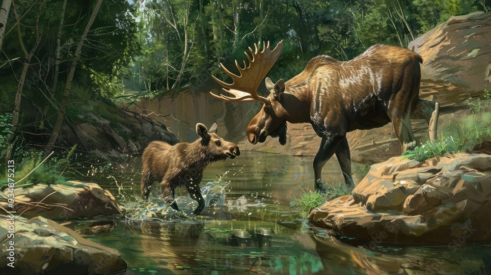 A Moose and its Calf Meet by the River. A Moose and its Calf Meet by the River.