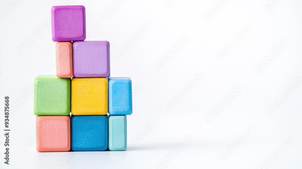 Colorful wooden blocks stacked in a pyramid shape on a white background with copy space. Colorful wooden blocks stacked in a pyramid shape on a white background with copy space.