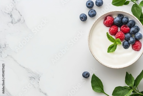 A bowl of creamy yogurt topped with fresh blueberries and raspberries, garnished with a sprig of mint, set on a white marble background with green leaves. photo