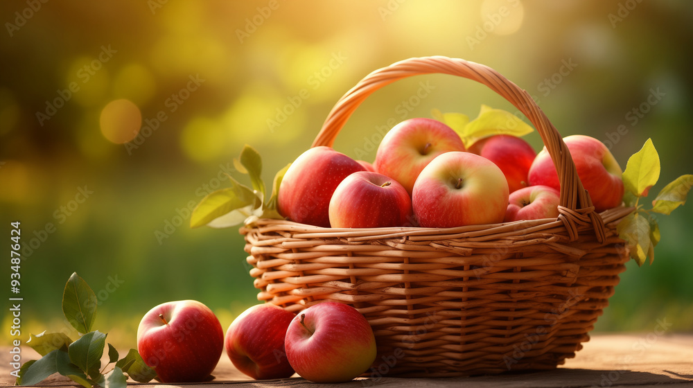 A wicker basket filled with ripe, red apples sits on a rustic table, illuminated by warm sunlight, amidst a lush green environment, harvest mood, copy space A wicker basket filled with ripe, red apples sits on a rustic table, illuminated by warm sunlight, amidst a lush green environment, harvest mood, copy space