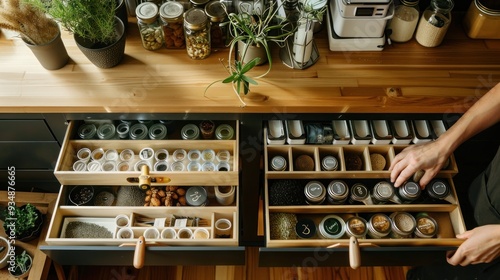 Fototapeta Naklejka Na Ścianę i Meble -  Organized Kitchen Drawers with Jars of Spices.