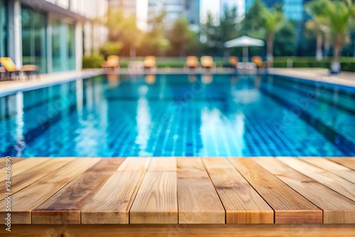 Wooden top with blurred empty Swimming pool background can be used for mocking up or display product to make advertising