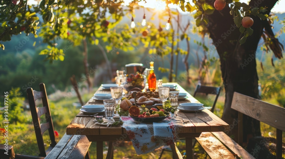 Fototapeta premium Rustic summer table setting in nature.