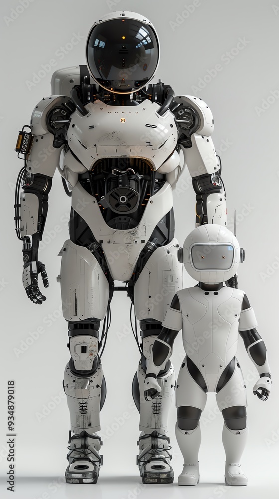 A futuristic robot and a childlike robot stand together, showcasing the blend of technology and companionship. A futuristic robot and a childlike robot stand together, showcasing the blend of technology and companionship.