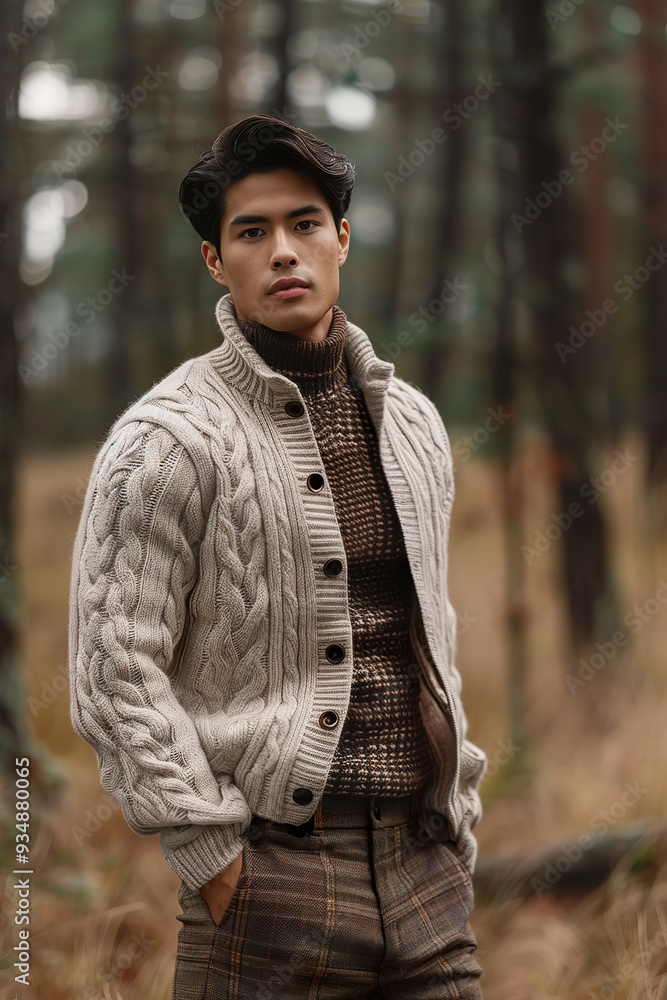 Asian male model showcasing cozy autumn fashion in forest setting Asian male model showcasing cozy autumn fashion in forest setting
