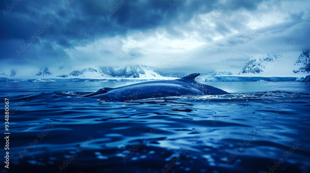 Humpback Whale Fin Emerging from Water with Snowy Mountains in the Background Humpback Whale Fin Emerging from Water with Snowy Mountains in the Background