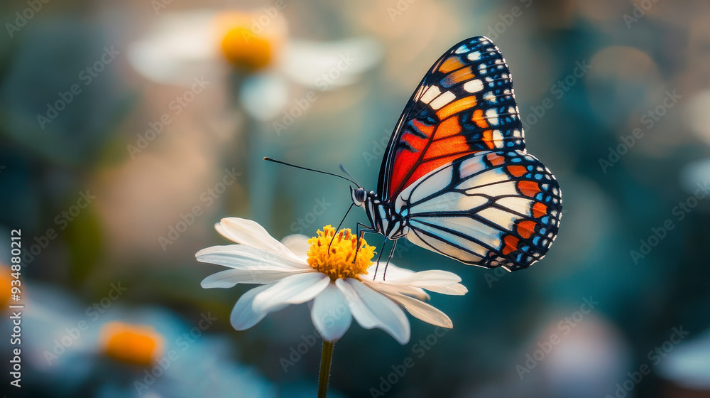 A vibrant butterfly rests on a delicate flower, showcasing nature's beauty and the intricate details of its colorful wings. A vibrant butterfly rests on a delicate flower, showcasing nature's beauty and the intricate details of its colorful wings.