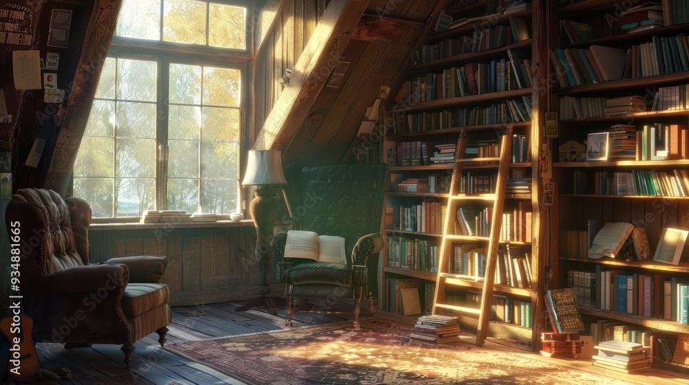 Cozy Attic Reading Room with Sunlight. Cozy Attic Reading Room with Sunlight.