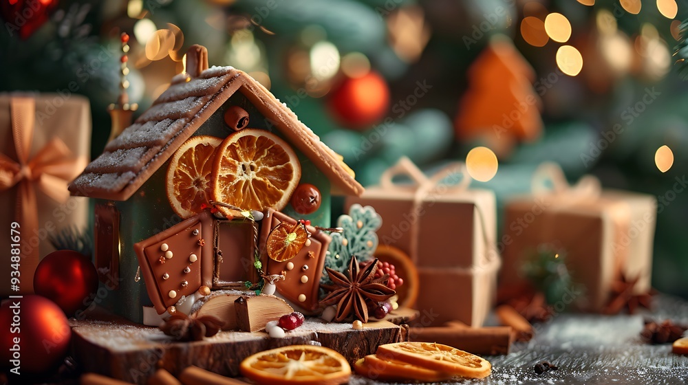 Holidays handmade candy house decorated with dry orange slices spices and wrapped presents Holidays handmade candy house decorated with dry orange slices spices and wrapped presents