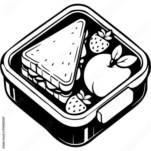 Student lunch box with triangular sandwich and fruit in monochrome. Simple minimalistic vector in black ink drawing on transparent background