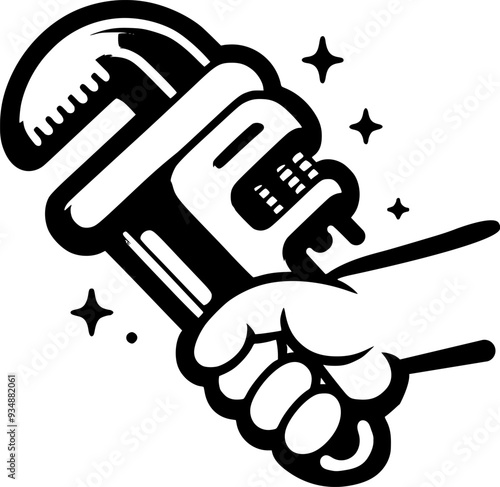 Plumber hand holding wrench in monochrome. Communication professional development. Simple minimalistic vector in black ink drawing on transparent background