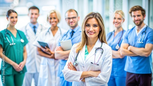 Attractive female doctor in front of medical group