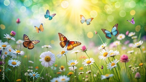 Wallpaper Mural Beautiful spring background with colorful butterflies and daisies in the sunlight, creating a dreamy and enchanting atmosphere Torontodigital.ca