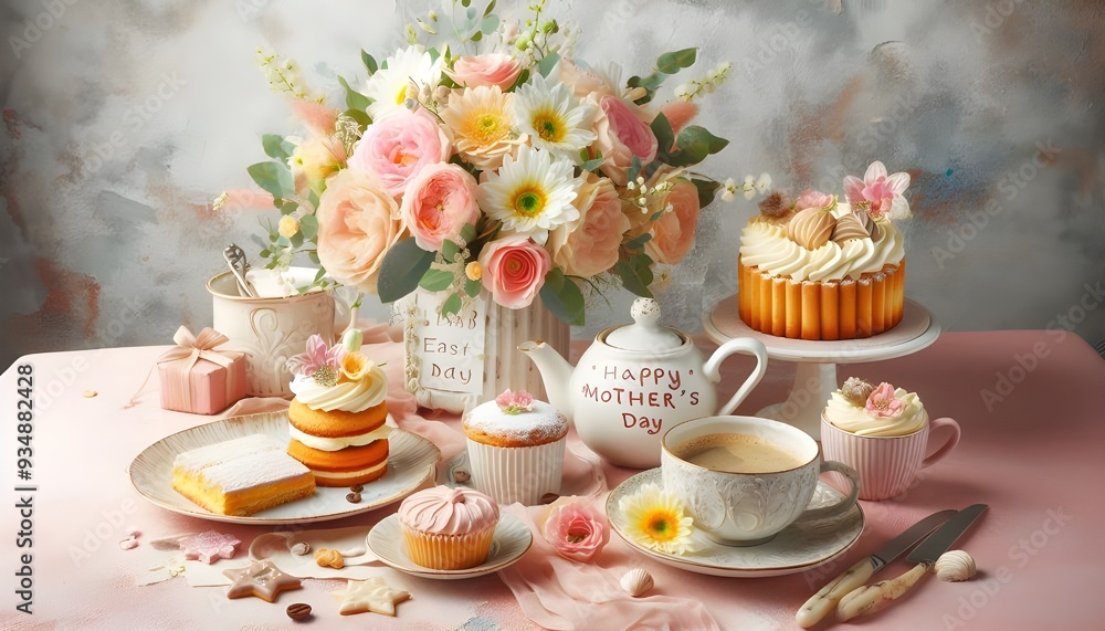 A pretty Mothers' Day high tea with a bouquet of flowers, delicious cake and a cup of coffee against a textured background. A pretty Mothers' Day high tea with a bouquet of flowers, delicious cake and a cup of coffee against a textured background.