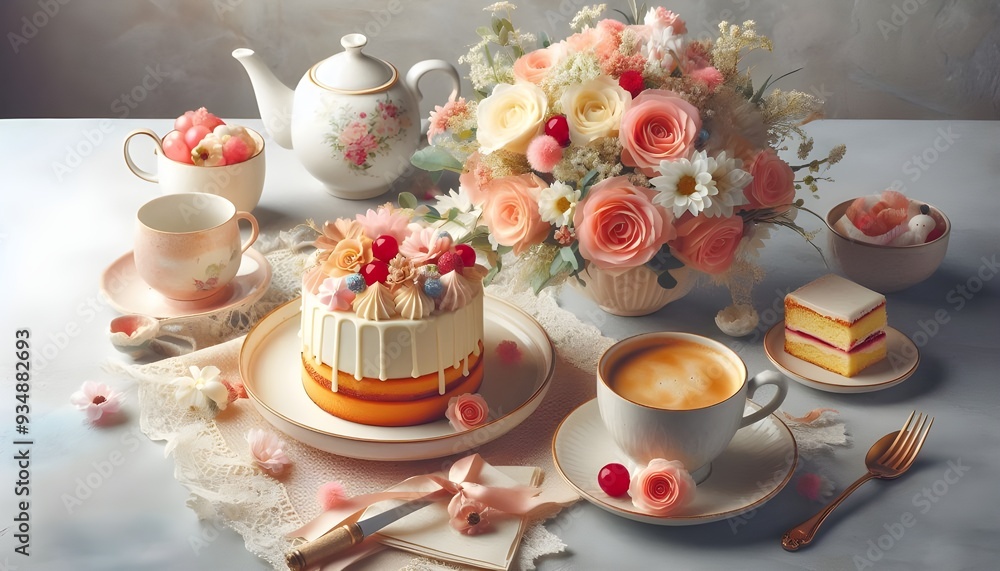 A pretty Mothers' Day high tea with a bouquet of flowers, delicious cake and a cup of coffee against a textured background. A pretty Mothers' Day high tea with a bouquet of flowers, delicious cake and a cup of coffee against a textured background.