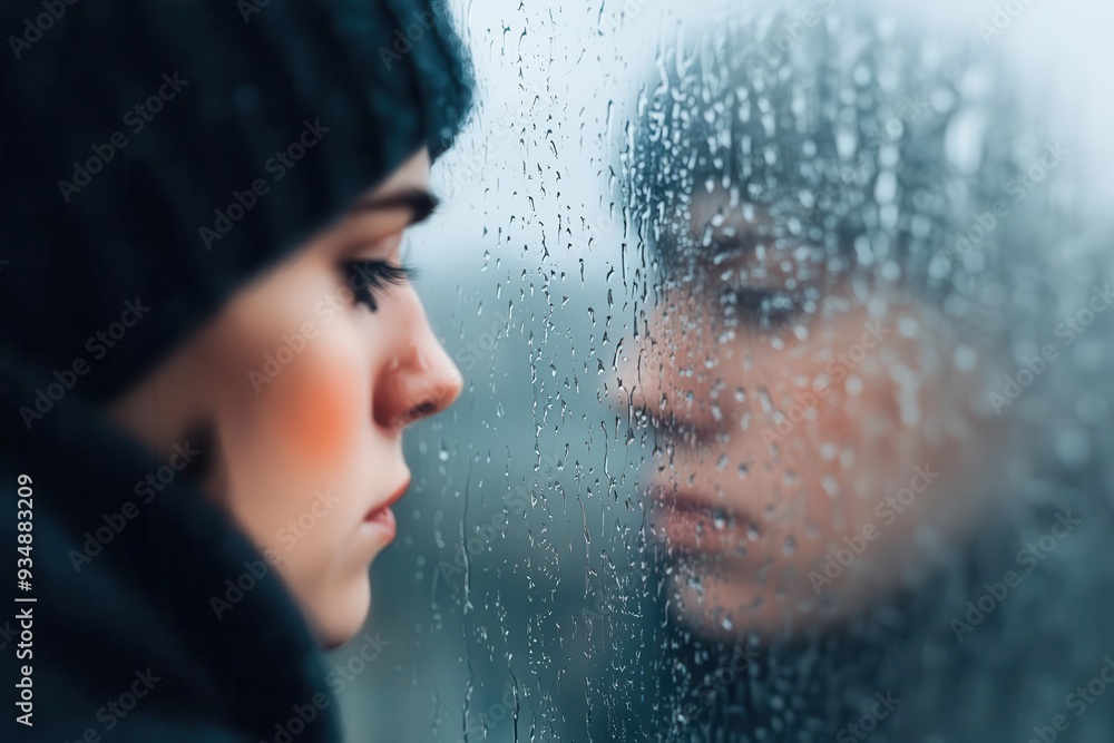 A person gazing out of a rain-streaked window, their reflection blurred, lost in thoughts of sorrow, Digital art, Soft focus, Introspective A person gazing out of a rain-streaked window, their reflection blurred, lost in thoughts of sorrow, Digital art, Soft focus, Introspective