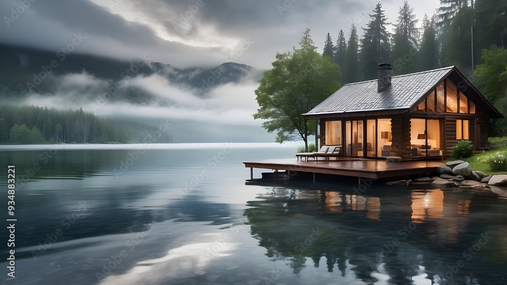 Fototapeta premium tranquil lakeside cabin with rain softly falling on the water, creating ripples that spread across the glassy surface of the lake