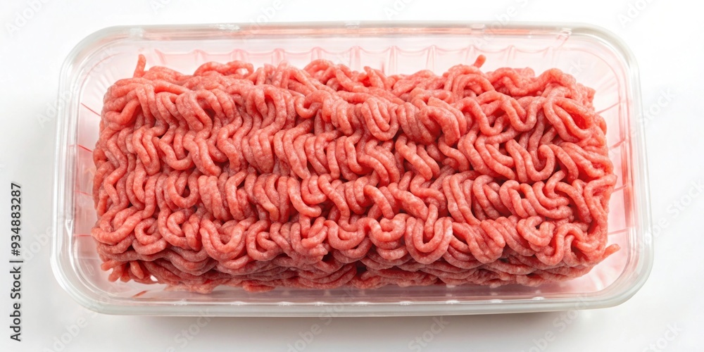 Plastic packaging filled with fresh pork minced meat on a white background Plastic packaging filled with fresh pork minced meat on a white background