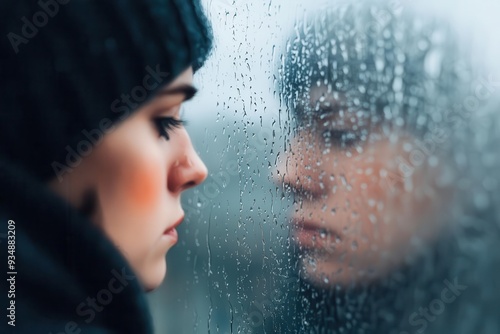 A person gazing out of a rain-streaked window, their reflection blurred, lost in thoughts of sorrow, Digital art, Soft focus, Introspective photo