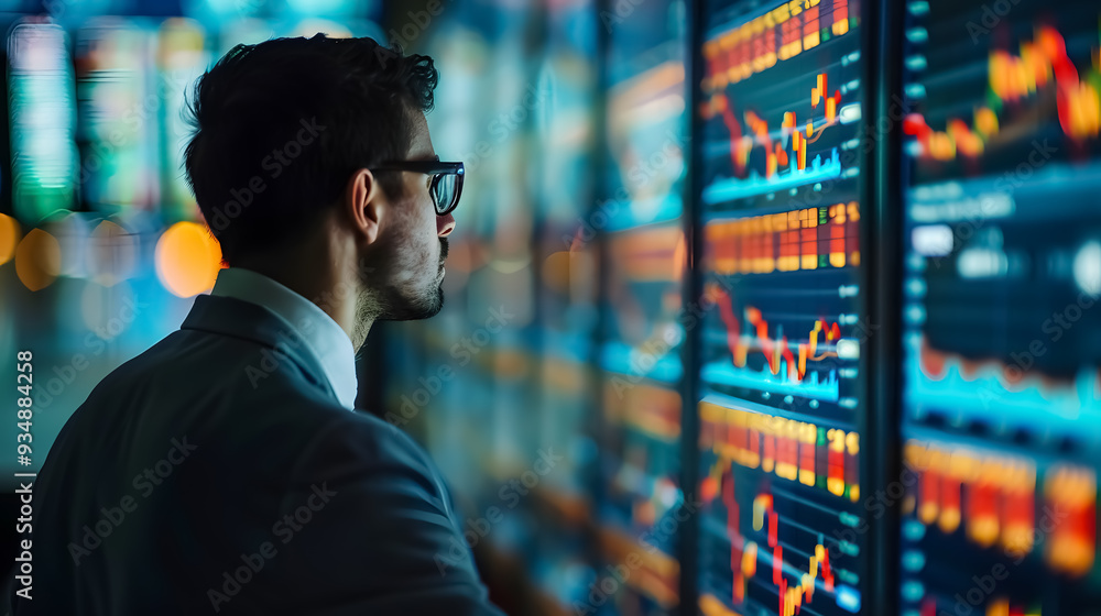 A businessman checking stock market data on a tablet against a nighttime background. A businessman checking stock market data on a tablet against a nighttime background.
