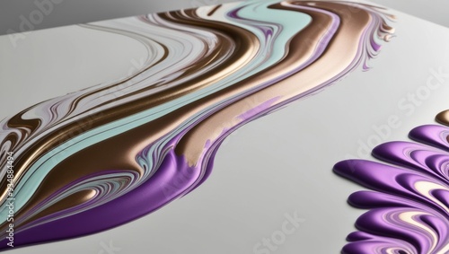 Abstract acrylic painting with purple, white, gold, and mint green colors