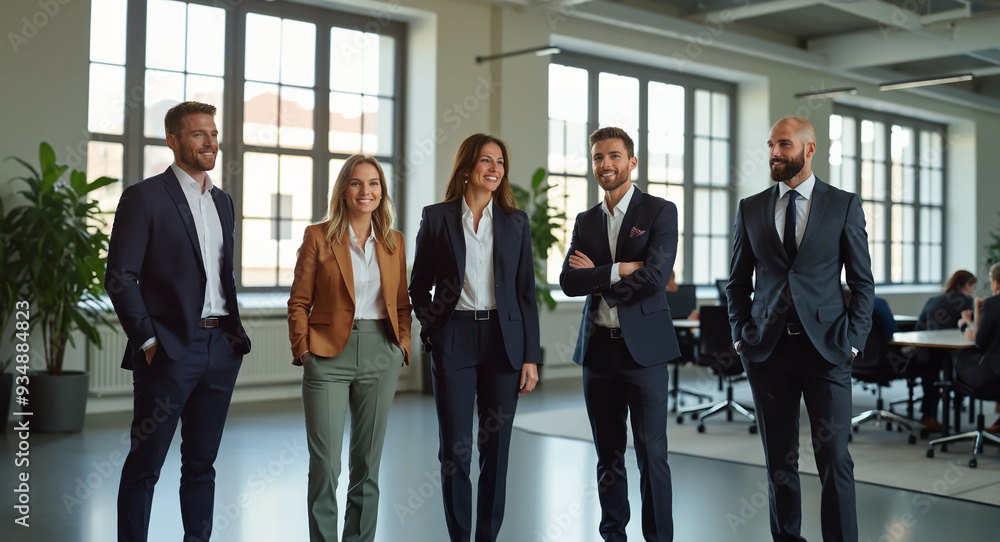 Fototapeta premium Five business people pose for a photo in an office with windows