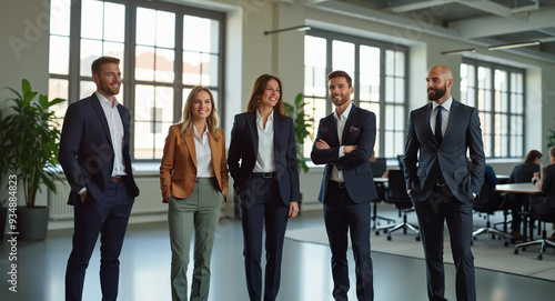 Five business people pose for a photo in an office with windows