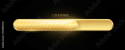 Golden Futuristic Progress Loading bar. Premium indicator Downloading process, System software update and upgrade technology concept ,shiny glossy glow, for video games. isolated on dark background.